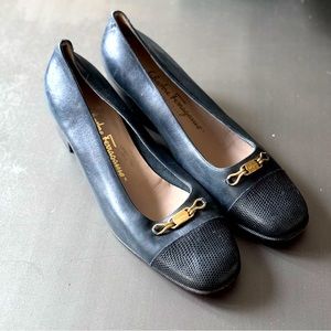 Salvatore Ferragamo Classic Slip-on Pumps Block Heel Navy Leather 8.5